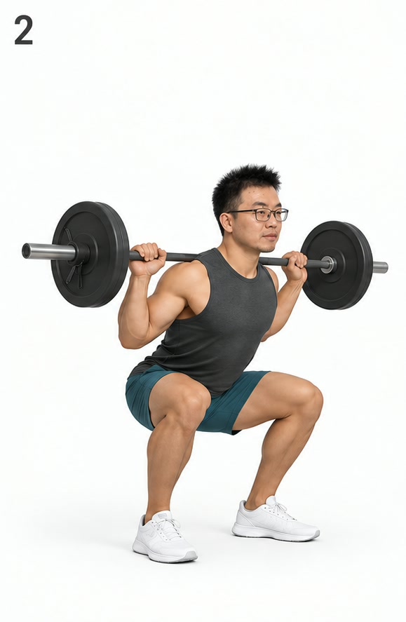 杠铃深蹲·步骤 2 下蹲:屈髋屈膝,脚跟保持着地(AI 生成示意,非实拍)