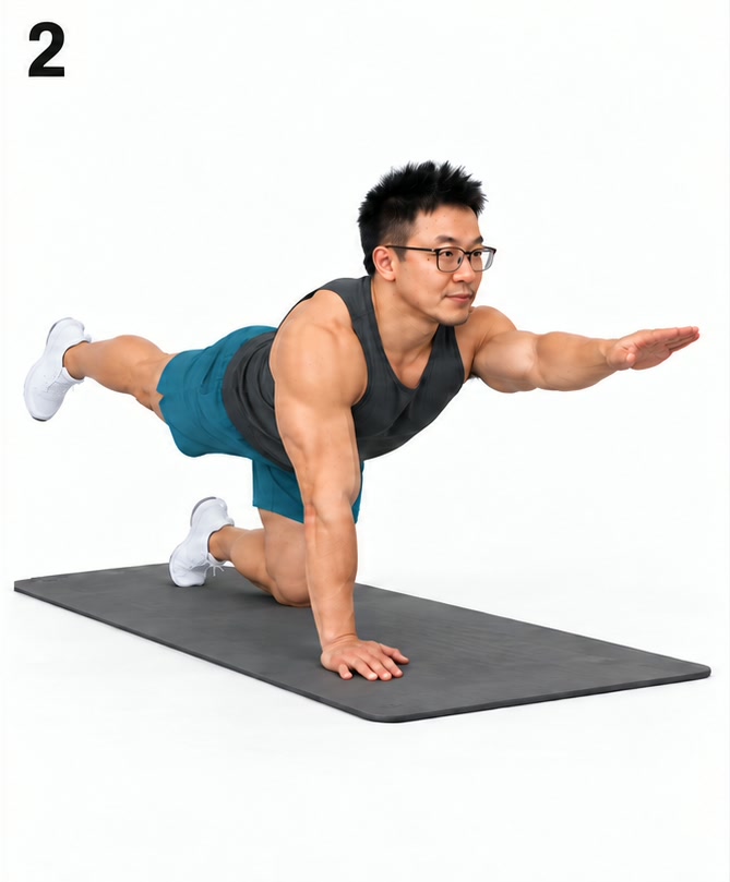 Bird-dog · panel 2: opposite arm and leg extended (AI-generated illustration)