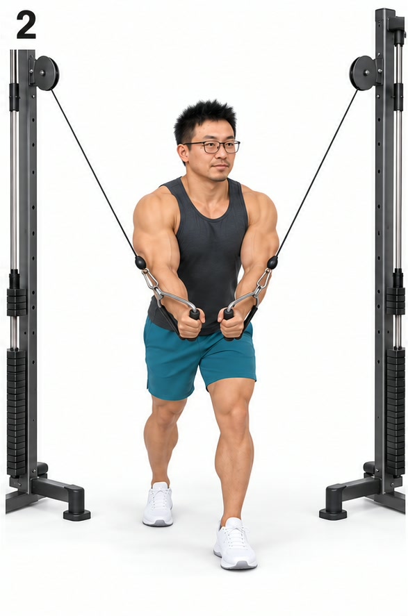 绳索夹胸·图 2 合拢：胸部发力沿弧线把双手合拢到身前下方（对应步骤 3）（AI 生成示意，非实拍）