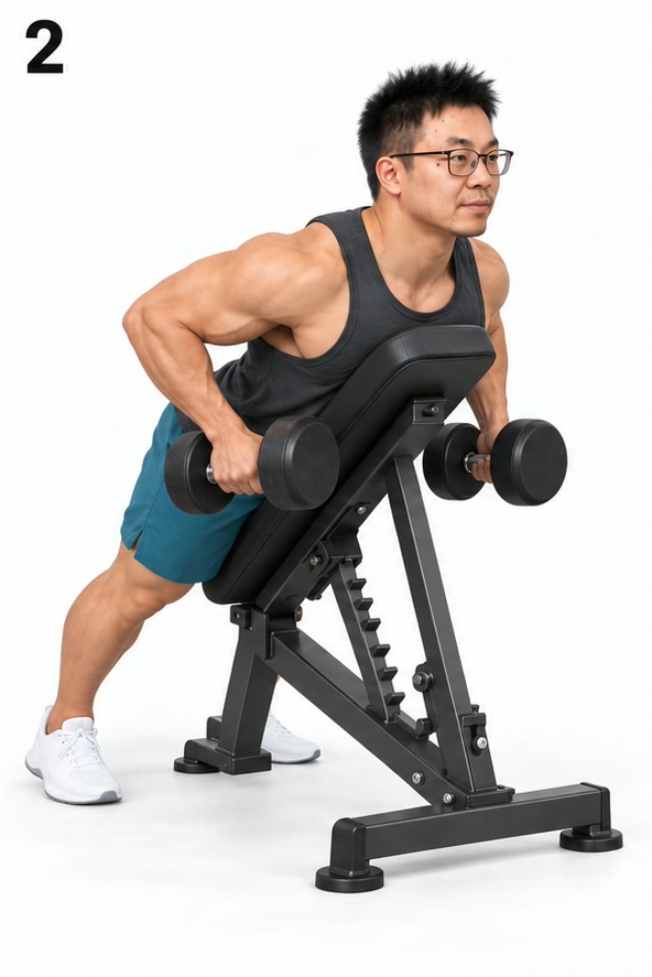 俯卧上斜凳哑铃划船 · 图 2 发力/保持（AI 生成示意，非实拍）