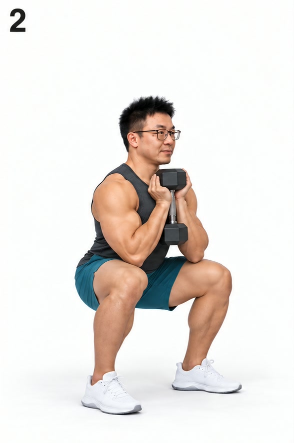 哑铃杯式深蹲·图 2 下蹲：屈髋屈膝下蹲，肘部落在膝盖内侧方向，背部平直，脚跟不离地（对应步骤 3）（AI 生成示意，非实拍）