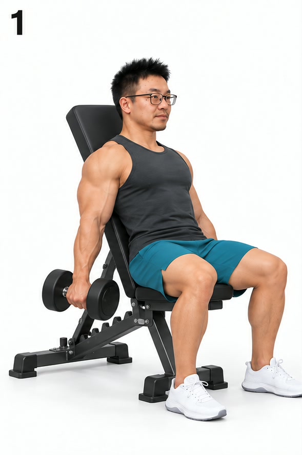 上斜哑铃弯举 · 图 1 准备(AI 生成示意,非实拍)