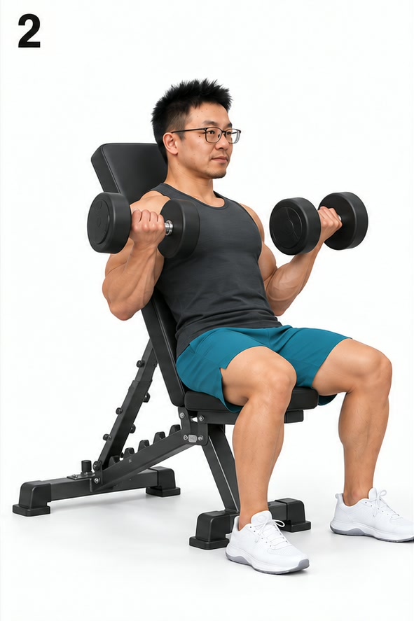 上斜哑铃弯举 · 图 2 发力/保持(AI 生成示意,非实拍)