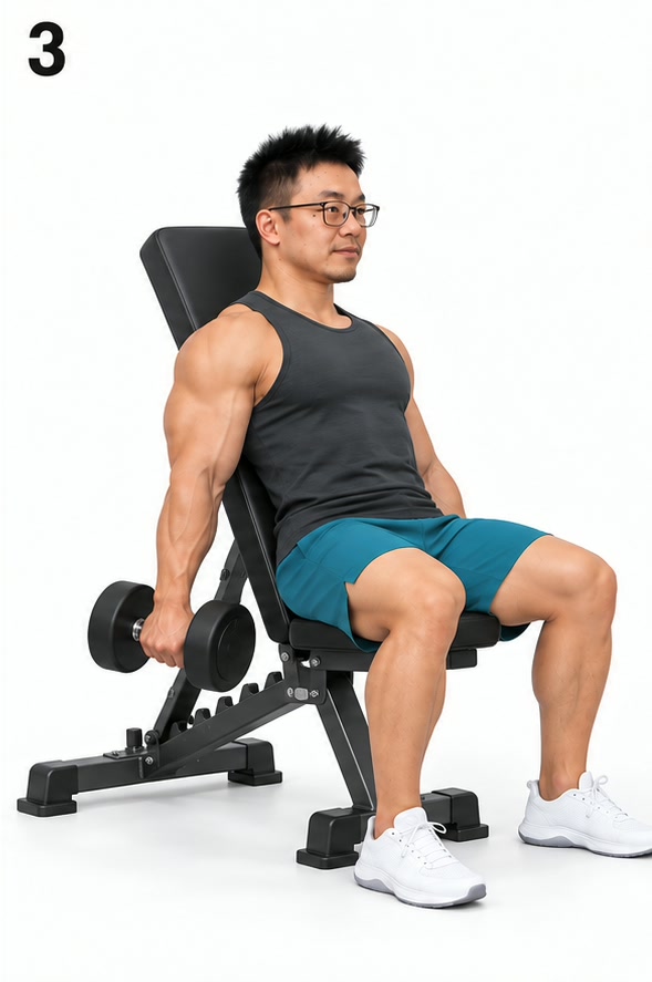 上斜哑铃弯举 · 图 3 回位(AI 生成示意,非实拍)