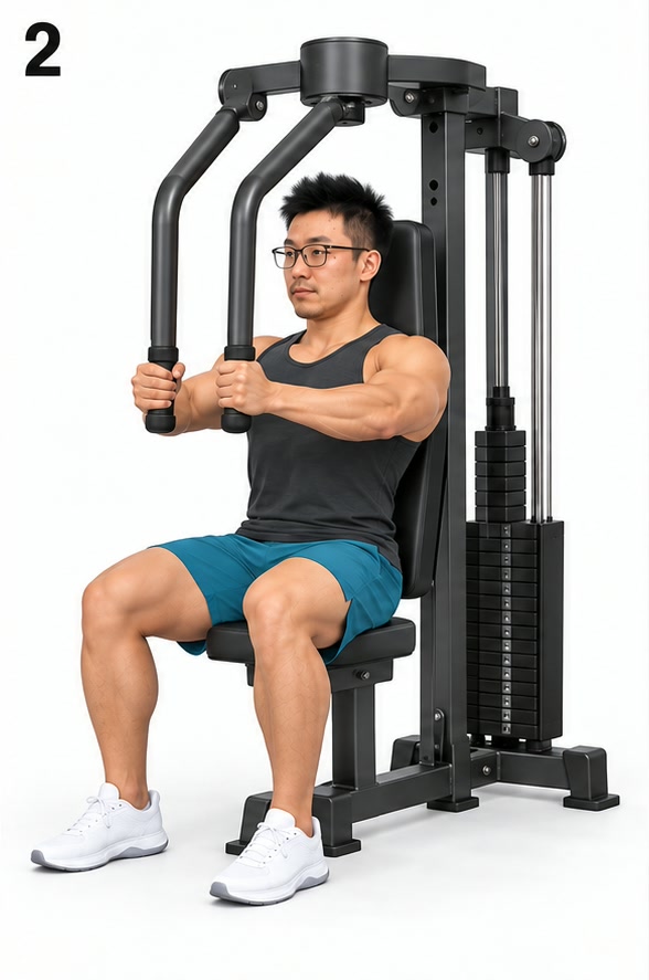 Pec Deck Fly · panel 2: working position (AI-generated illustration)