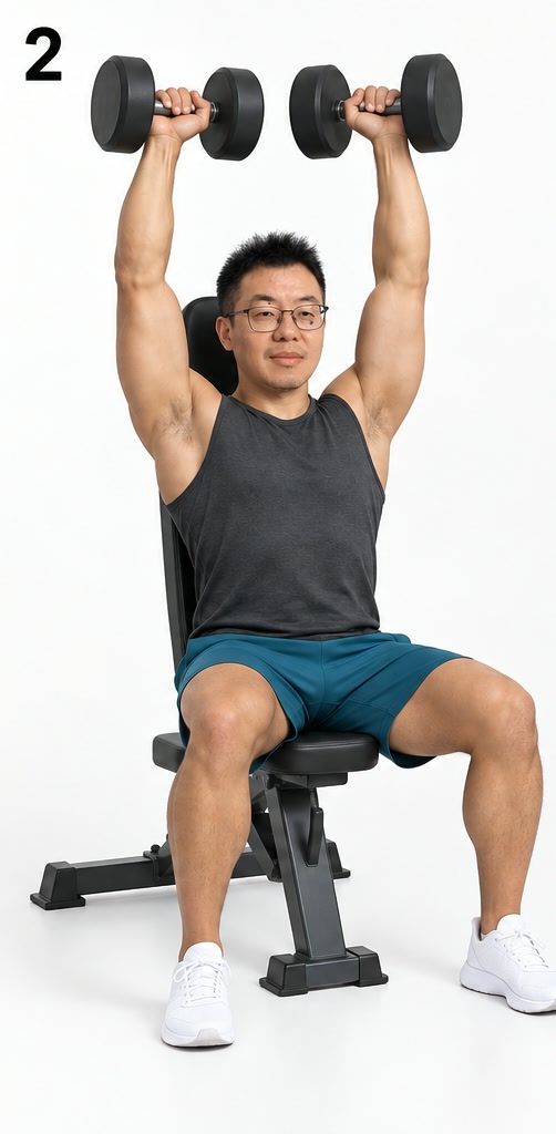 坐姿哑铃推举·步骤 2 推起：向上推举，双臂接近伸直（AI 生成示意，非实拍）