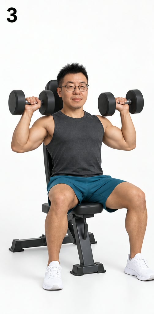 坐姿哑铃推举·步骤 3 回位：缓慢下放至起始位置（AI 生成示意，非实拍）